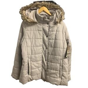 NWT St. John's Bay Womens X-Large Removable Hood Puffer Jacket Pearl Taupe Beige